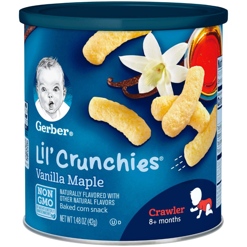 Photo 1 of Box of 6 Gerber Snacks for Baby Lil Crunchies Baked Grain Vanilla Maple 1.48 Oz Canister