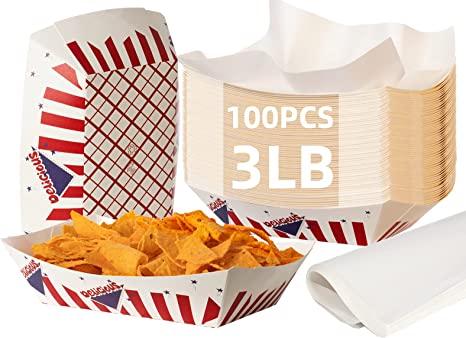 Photo 1 of 100 PCS Paper Food Trays 3 lb Food Holder Trays,Eco Friendly Food Boats,Disposable Classic American Design Nacho Trays for Festival,Carnival and Concession Stand Treats Like Fries,Chicken Tenders
