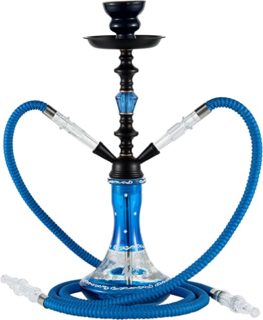 Photo 1 of 20" Premium 2 Hose Hookah Set - Aluminum Hookah Kit Thickened Glass Vase Base with Coal Tongs Ashtray and Ceramic Bowl (2 Hose Blue)
