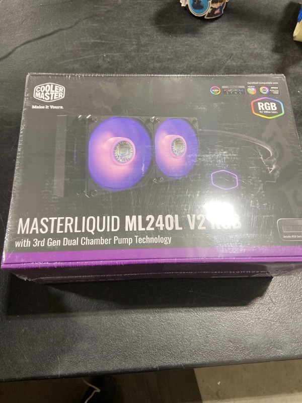 Photo 2 of CoolerMaster MasterLiquid ML240L RGB V2, Close-Loop AIO CPU Liquid Cooler, 3rd Gen Dual Chamber Pump, 240 Rad, SickleFlow 120mm PWM, RGB Lighting for AMD Ryzen AM5/AM4/Intel LGA1700*/1200/115X 240mm Radiator ML240L RGB V2
SEALED 