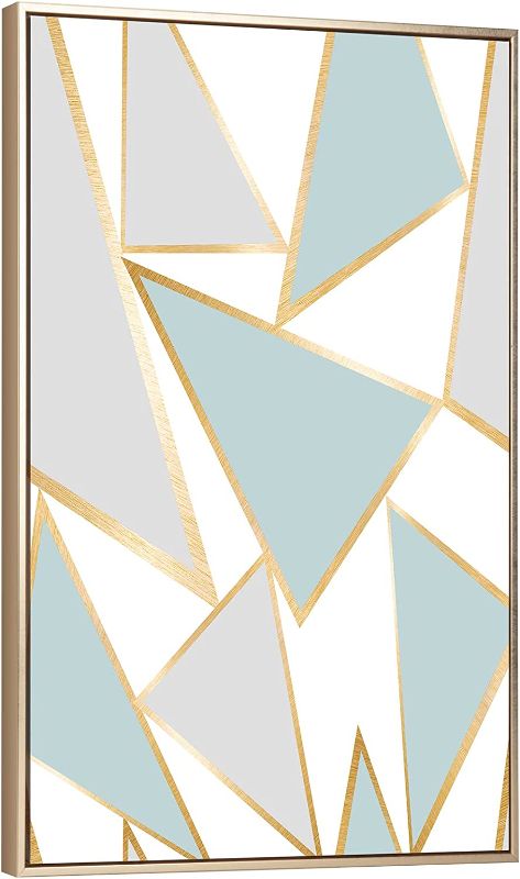 Photo 1 of Aesthetic Geometric MDF Wall Art Gold Framed, Minimalist Blue Geometry Irregular Triangle Canvas Painting Poster Colorful Wall Hanging Picture Decor for Home Bathroom Bedroom Living Office -12x18in
