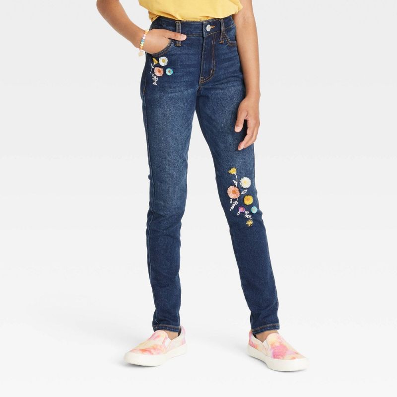 Photo 1 of Girls' Mid-Rise Flower Embroidered Skinny Jeans - Cat & Jack™ - Dark Wash 10