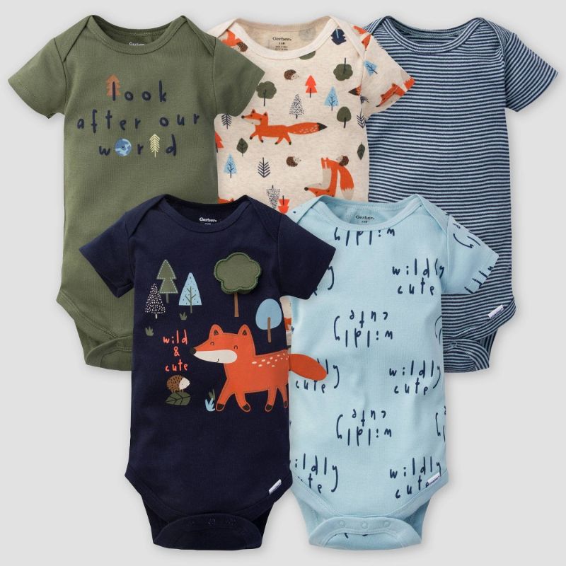 Photo 1 of 3-6 M Gerber Baby Boys' 5pk Fox Short Sleeve Onesies - Green/Off-White/Blue