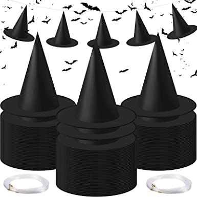 Photo 1 of 100 Pieces Halloween Witch Hat Bulk, Black Witches Hat with 218 Yards Hanging Rope for Halloween Party Masquerade Cosplay Costume Accessories Holiday Carnivals Halloween Yard Decoration