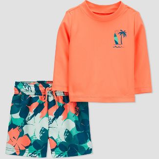 Photo 1 of Carter's Just One You® Baby Boys' 2pc Long Sleeve Floral Print Rash Guard Set -Blue/Coral Orange----Size 6M