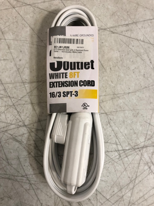 Photo 2 of 8 Ft Extension Cord with 3 Electrical Power Outlet - 16/3 Durable White Cable 1 8 Foot