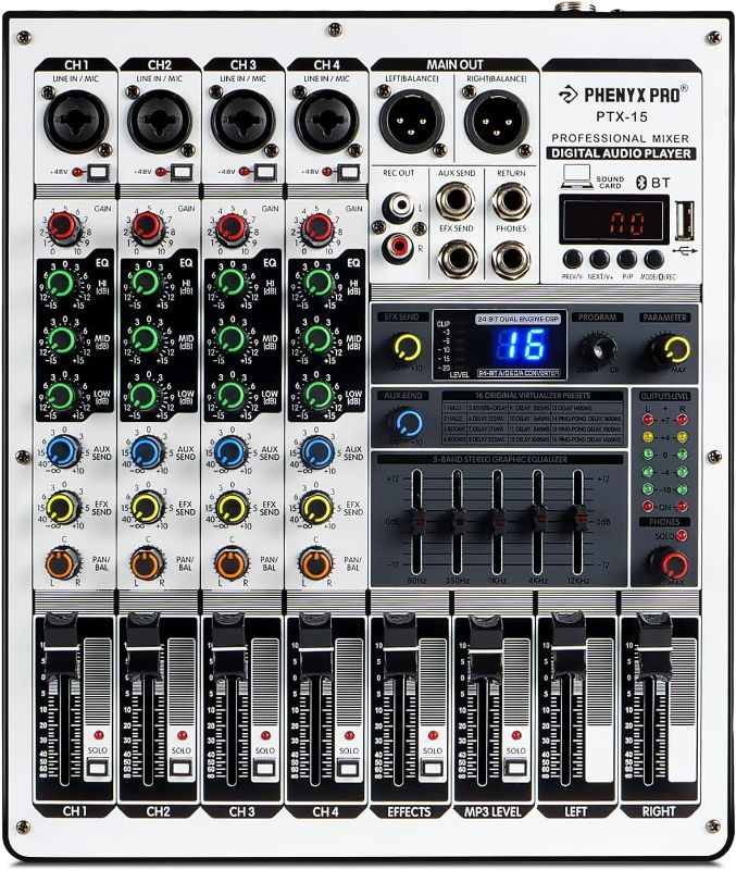 Photo 1 of Professional DJ Mixer, Phenyx Pro Sound Mixer w/USB Audio Interface, 4-Channel Sound board Audio Mixer w/Stereo Equalizer, 16 DSP Effects, Ideal for Stage, Live Gigs, and Karaoke (PTX-15)
