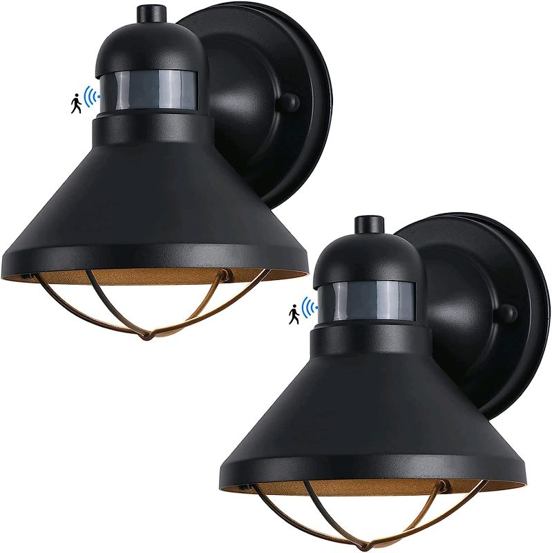 Photo 1 of 2 Pack Motion Sensor Outdoor LED Wall Light Dusk to Dawn Exterior Sconce Lighting Fixture Waterproof Wall Mount Lamp Black Farmhouse Barn Light Vintage Outside lantern for Front Porch Garage Entryway
