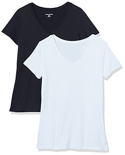 Photo 1 of Amazon Essentials Women's Tech Stretch Short-Sleeve V-Neck T-Shirt (Available in Plus Size), Pack of 2, Black/White,  SIZE Medium