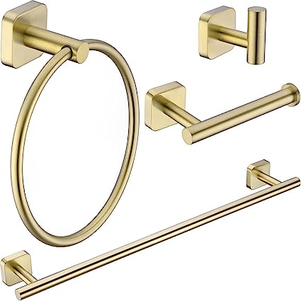 Photo 1 of Bathroom Hardware Set in Gold 4 Piece Stainless Steel Bath Cloth Towel Bar, Towel Ring, Roll Paper Holder and Robe Coat Hook, Litri Series, Brushed Brass