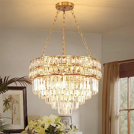 Photo 1 of AOOCHOK Modern Crystal Chandelier Gold Finish Light Fixture, Round Crystal Pendant Light Hanging Lamp, for Living Room, Dining Room, Restaurant, E12 x 11, Ø21.5 inch