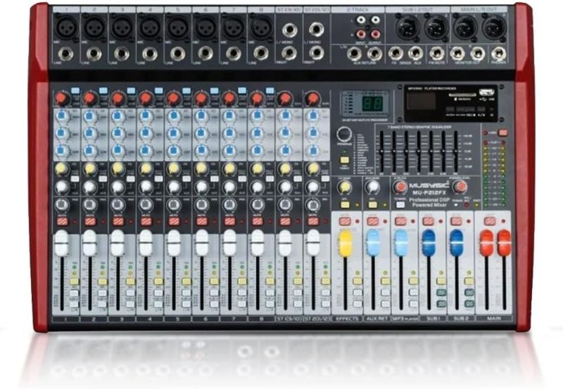 Photo 1 of MUSYSIC [MU-P212FX] 8000W Powerful Audio Mixer – 12 Channels with 7 Band GEQ Built in Amplifier and 24 Bit FX Processor – 48V Phantom Power DJ Mixer Sub & Monitor Output USB/SD/FM/WMA DJ Equipment
