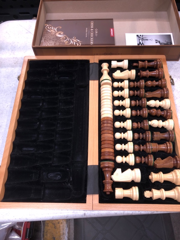 Photo 3 of AMEROUS 15 Inches Wooden Chess & Checkers Set with Upgraded Weighted Chess Pieces - 2 Extra Queen -24 Cherkers Pieces -Folding Board -Instruction -Chessmen Storage Slots, Classic 2 in 1 Board Games