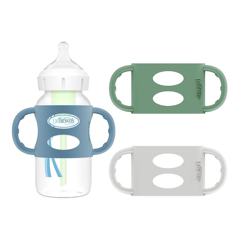 Photo 1 of Dr. Brown’s® Milestones™ 100% Silicone Baby Bottle Handles, Wide-Neck, Light Blue, Green, Gray, 3 Pack, 4m+
