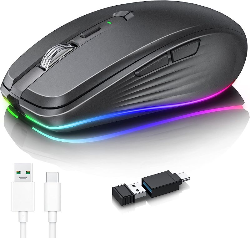 Photo 1 of Rechargeable Wireless Mouse, 2.4G RGB 4 Adjustable DPI (Max 3600) Quiet Ergonomic Mouse with 6 Buttons for PC, Computer, Laptop, ChromeBook,Tablet, Compact Cordless Mice, USB and USB-C Adapter (Black)
