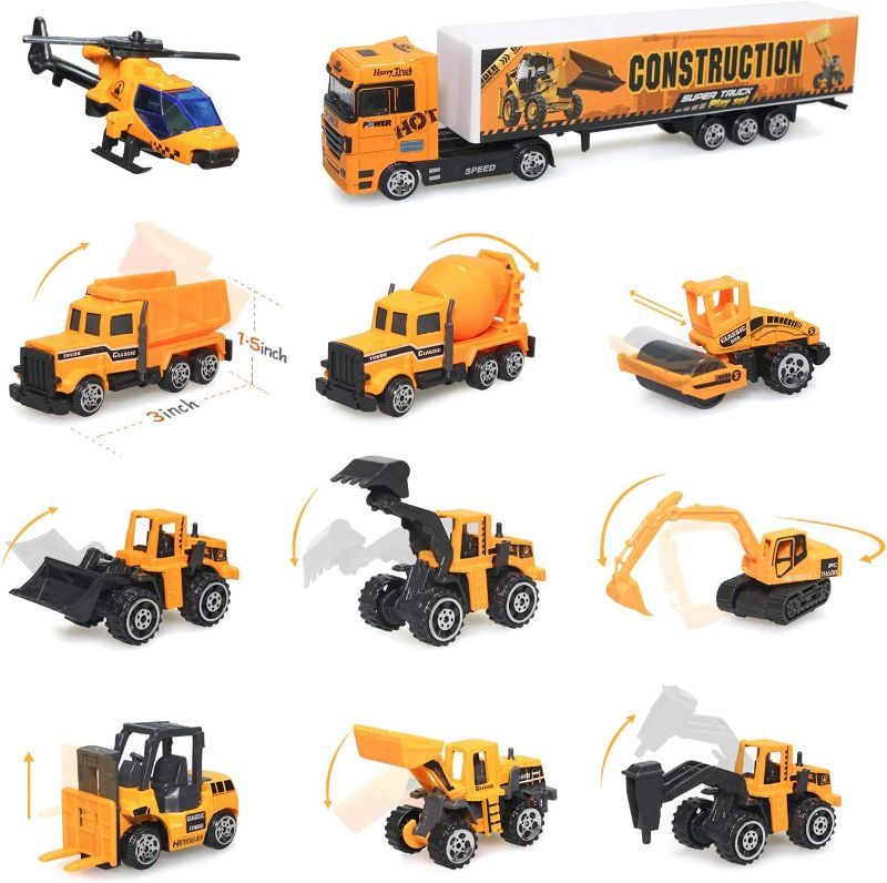 Photo 4 of zoordo Construction Truck Toys Sets,11 in 1 Mini Die-Cast Truck Vehicle Car Toy in Carrier Truck,Gifts for 3 + Years Old Kids Boys Girls
