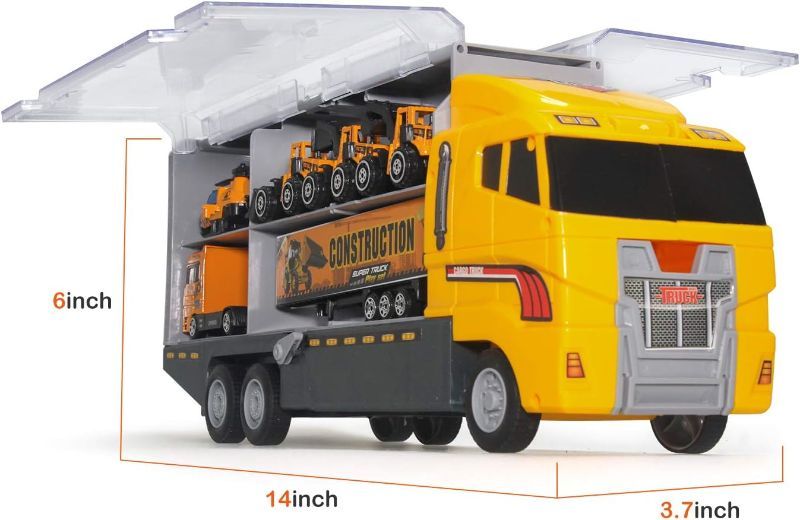 Photo 2 of zoordo Construction Truck Toys Sets,11 in 1 Mini Die-Cast Truck Vehicle Car Toy in Carrier Truck,Gifts for 3 + Years Old Kids Boys Girls---------factory sealed 
