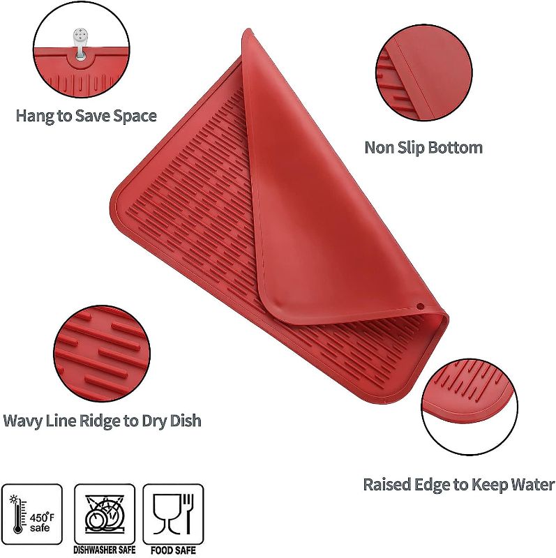 Photo 1 of 1pc---MicoYang Silicone Dish Drying Mat for Multiple Usage,Easy clean,Eco-friendly,Heat-resistant Silicone Mat for Kitchen Counter or Sink,Refrigerator or Drawer Liner Red XXL 24 inches x 18 inches
