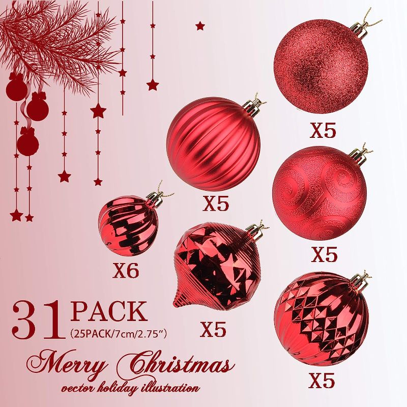 Photo 2 of 2 pack ---Jusdreen 31pcs Christmas Balls Ornaments for Xmas Tree Shatterproof Christmas Tree Hanging Balls Decoration for Holiday Party Baubles Set with Hang Rope 1.97"/2.75" Red
