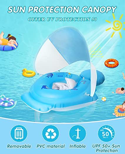 Photo 1 of Baby Pool Float with Canopy, Baby Swimming Float Add Tail No Flip, Infant Pool Float, Inflatable Toddler Pool Float with Toys for Age of 3-36 Month (Large)
