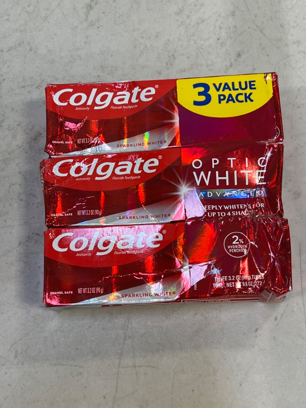 Photo 1 of Colgate Optic White Fluoride Toothpaste, Anticavity, Advanced, Sparkling White, 3 Value Pack - 3 pack, 3.2 oz tubes, exp: 12/2023