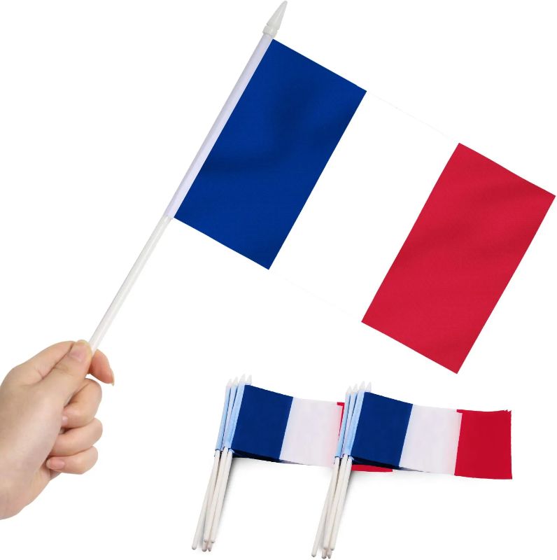 Photo 1 of Anley France Mini Flag 12 Pack - Hand Held Small Miniature French Flags on Stick - Fade Resistant & Vivid Colors - 5x8 Inch with Solid Pole & Spear Top 