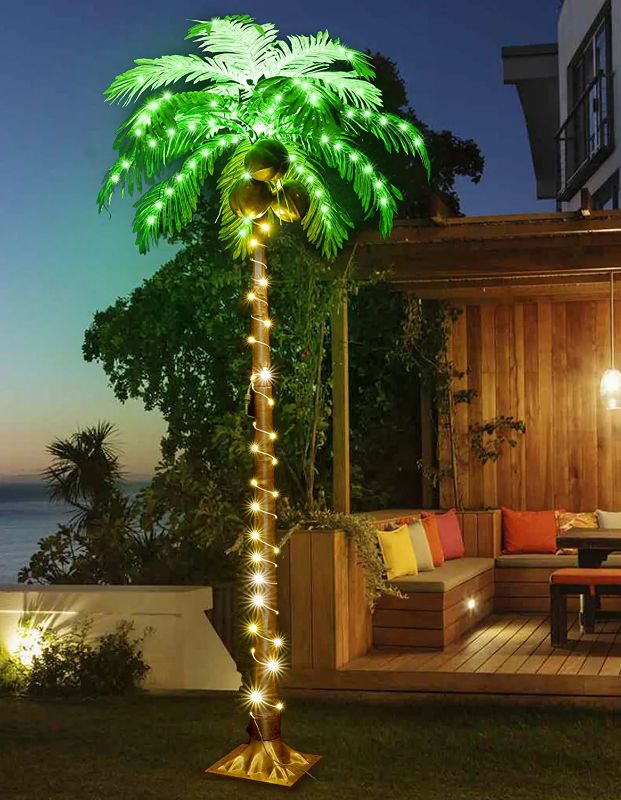 Photo 1 of 6FT LED Lighted Palm Tree with Coconuts Outdoor Artificial Palm Tree Tropical Palm Tree Lights for Patio Pool Hawaiian Luau Jungle Party Tiki Bar Christmas Indoor Decoration

