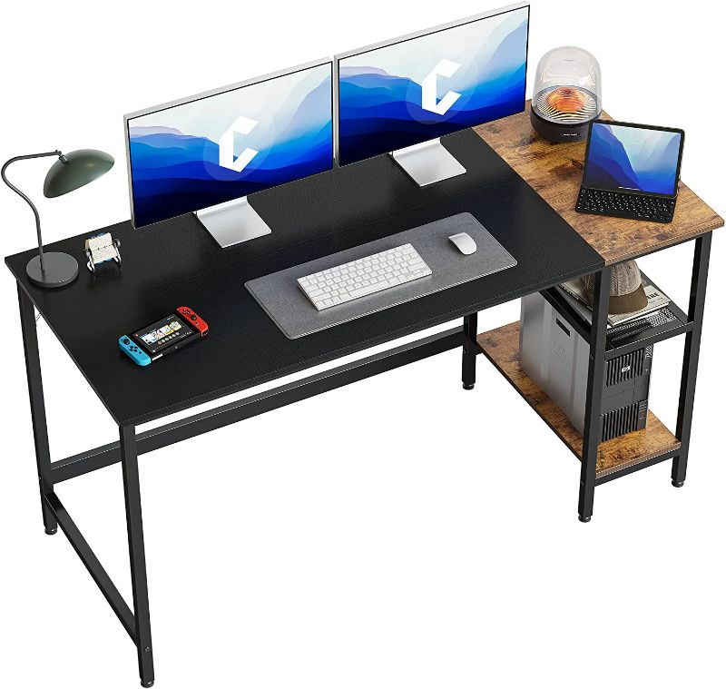 Photo 1 of CubiCubi Computer Home Office Desk, 63 Inch Small Desk Study Writing Table with Storage Shelves, Modern Simple PC Desk with Splice Board, Black Brown Finish