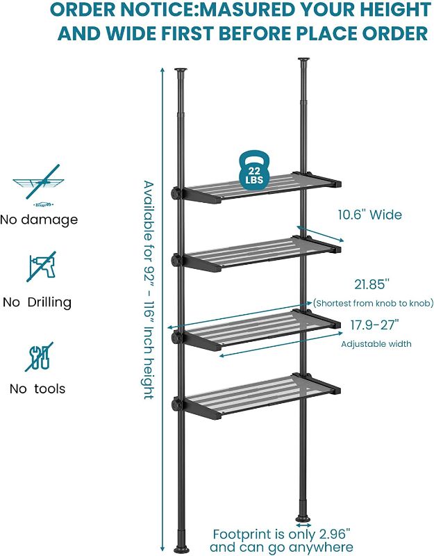 Photo 2 of ALLZONE Bathroom Organizer, Over The Toilet Storage, 4-Tier Adjustable Shelves for Small Room, Saver Space, 92 to 116 Inch Tall, Black
