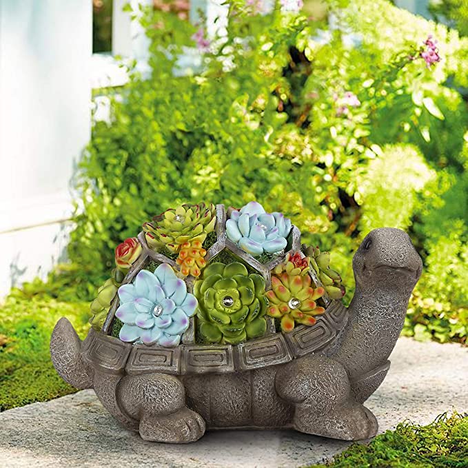 Photo 1 of 11.5 Inch Solar Garden Statues Turtle Figurine with Succulent and 7 LEDs - Outdoor Fall Winter Garden Decor Statue , GIGALUMI Large Tortoise Statues for Yard Lawn Outdoor Decoration Gifts
