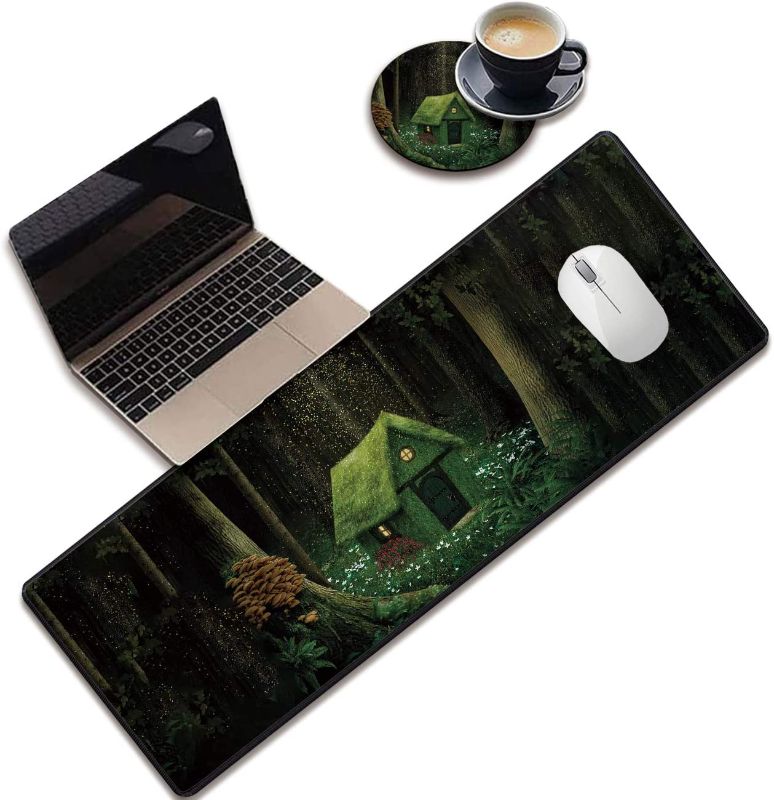 Photo 1 of Large Desk Pad Gaming Mouse Pad, Desk Pad 31.5"×11.8" Waterproof Extended Mouse Pad with Stitched Edges, Suitable for Work and Home Office, with Coffee Cup Pad, Green Lodge
