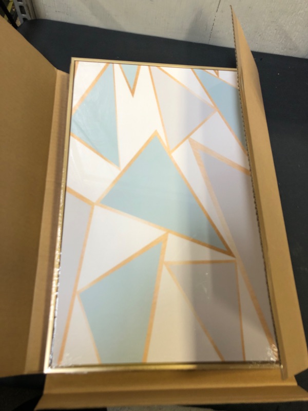 Photo 1 of Aesthetic Geometric MDF Wall Art Gold Framed, Minimalist Blue Geometry Irregular Triangle Canvas Painting Poster Colorful Wall Hanging Picture Decor for Home Bathroom Bedroom Living Office -12x18in
