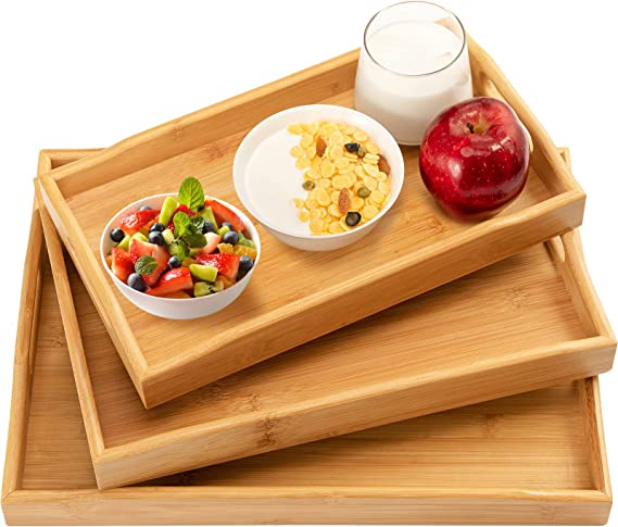Photo 1 of 3 Pack Bamboo Serving Tray Food Tray with Handles, Multi-Use Platter Trays Set for Food, Coffee, Breakfast, Tea, Snack, Wooden Decor Tray Used in Kitchen, Dining Room, Party, Restaurants by Pipishell
