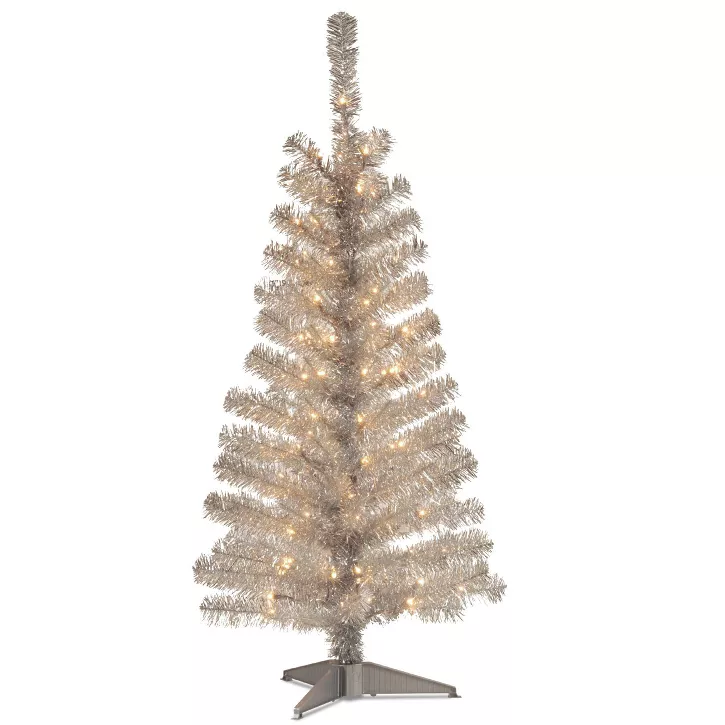 Photo 1 of 4ft National Christmas Tree Company Pre-Lit Silver Tinsel Artificial Christmas Tree with 70 Clear Lights

