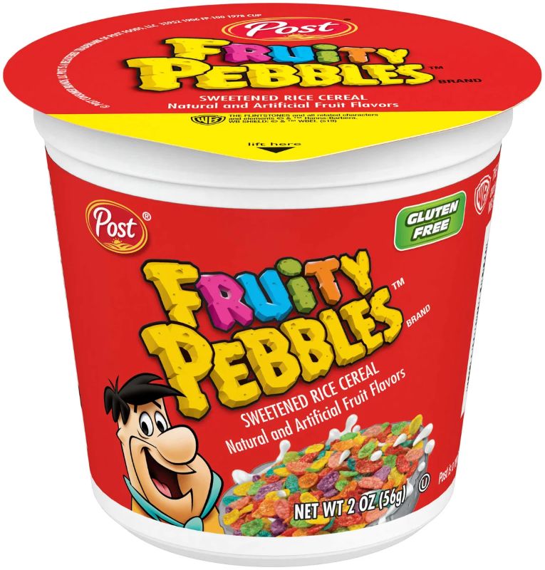 Photo 1 of CASE OF 12! Post Fruity PEBBLES Breakfast Cereal, Portable Individual Cereal Cups To Go, Gluten Free Cereal, 2.0-Ounce **EXPIRED!! OCT 19 2022**