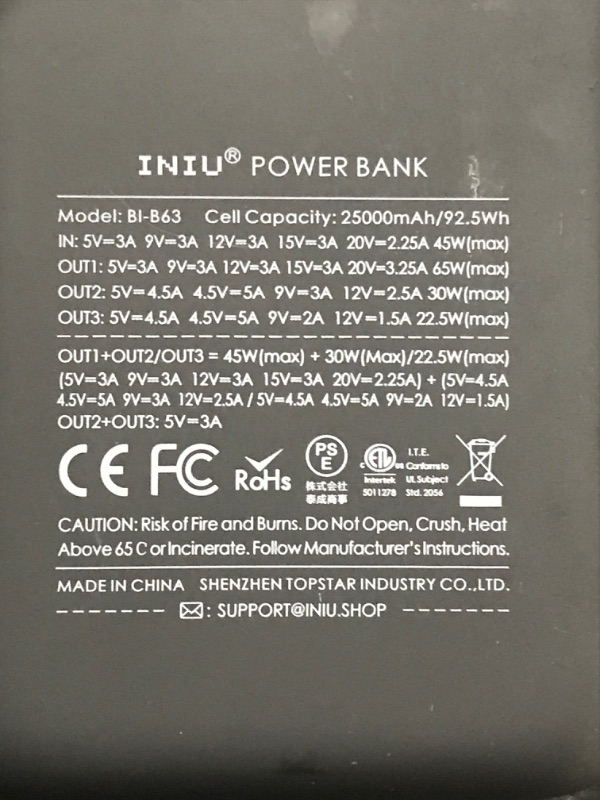 Photo 3 of INIU Power Bank, 25000mAh/65W USB C Laptop Portable Charger, PD QC Fast Charging 3-Output External Battery Pack for Laptop MacBook Dell XPS iPad Tablet iPhone 14 13 12 Pro Max Samsung S21 Google, etc