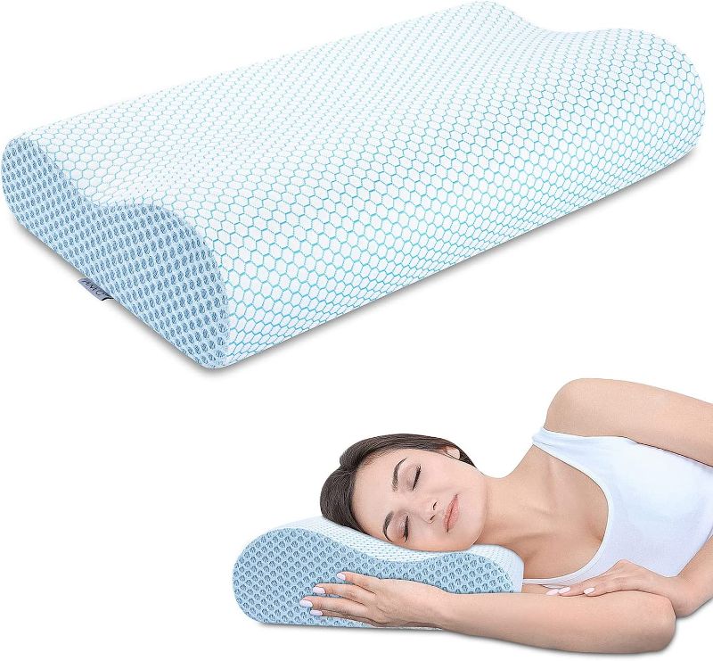 Photo 1 of Anvo Memory Foam Pillow, Neck Contour Cervical Orthopedic Pillow for Sleeping Side Back Stomach Sleeper, Ergonomic Bed Pillow for Neck Pain - Blue White, Firm

