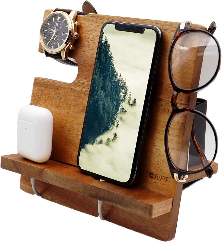 Photo 1 of  Wooden Phone Docking Station/Bedside Nightstand Organizer for Phone, Wallet, Watch, Glasses and Airpods, Perfect as a desk organizer station, Anniversary or Birthday Gift, and Gifts for Men
