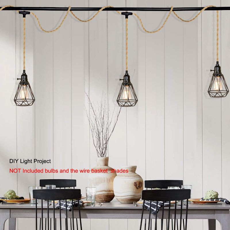 Photo 1 of ALAISLYC 3 Light Plug in Pendant Lights Cord Hanging Lamp Kit with Switch 22 Ft Long Hemp Rope Farmhouse Pndant Light Cord Lighting Fixture Kits DIY Hanging Light
