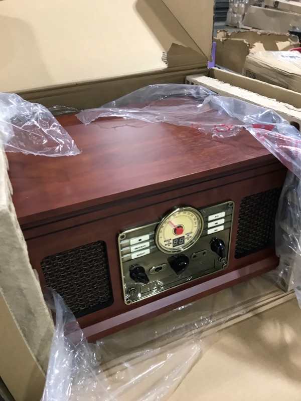 Photo 2 of Victrola Nostalgic 6-in-1 Bluetooth Record Player & Multimedia Center with Built-in Speakers - 3-Speed Turntable, CD & Cassette Player, FM Radio | Wireless Music Streaming | Mahogany
