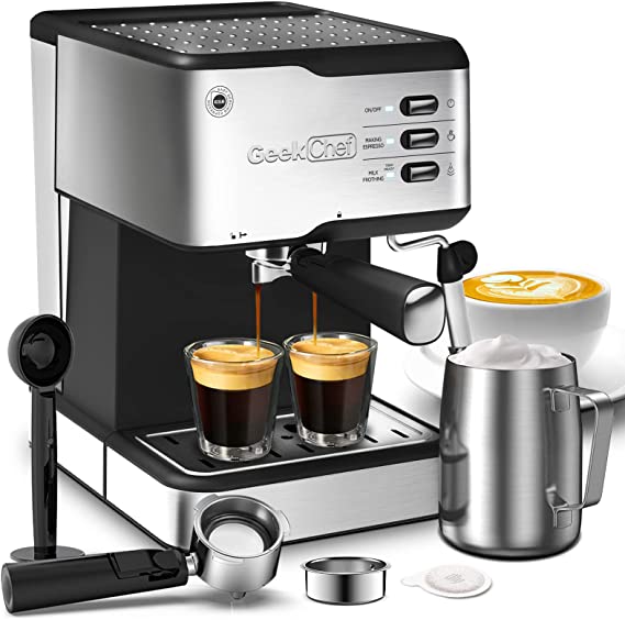 Photo 1 of Geek Chef Espresso Machine, Espresso and Cappuccino latte Maker 20 Bar Pump Coffee Machine Compatible with ESE POD capsules filter&Milk Frother Steam Wand, for Home Barista, 950W, 1.5L Water Tank
