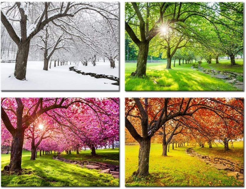 Photo 1 of  Kreative Arts 4 Piece Canvas Wall Art Spring Summer Autumn Winter Four Seasons Landscape Colorful Tree Painting Picture Prints Modern Giclee Artwork Stretched Framed Bathroom 16x20inchx4pcs 