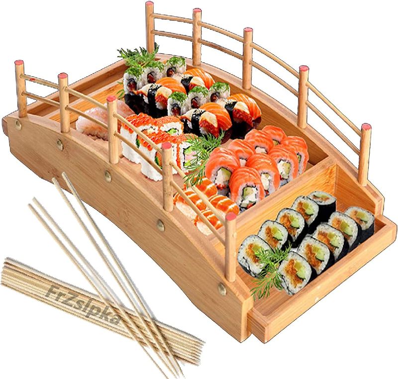 Photo 1 of  Sushi Boat Serving Tray?UPGRADED?Sushi Serving Tray Boat Plate Wooden Sushi Boat Plates Wooden Sashimi Sushi Boat Plate Creative Sushi Sashimi Plate Platter Decoration Ornament For Restaurant or Home 