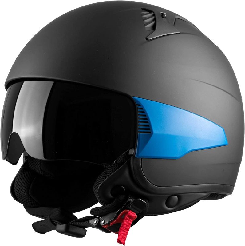 Photo 1 of  Westt Rover Motorcycle Helmet - Open Face Moped Helmet Retro Style for Motorcycle Scooter Harley with Sun Visor - 3/4 Helmet DOT Certified USA Street Legal (Matte Black/Black Blue) 