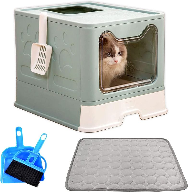 Photo 1 of  kathson Large Cat Litter Box with Lid Foldable Enclosed Cat Potty Anti-Splashing Cat Toilet Top or Front-Entry Configurable Drawer Type Cat Litter Pan Easy to Clean (Blue) 