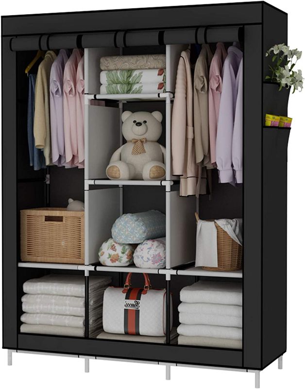 Photo 1 of  UDEAR Portable Wardrobe Closet Clothes Organizer Non-Woven Fabric Cover with 6 Storage Shelves, 2 Hanging Sections and 4 Side Pockets?Black 