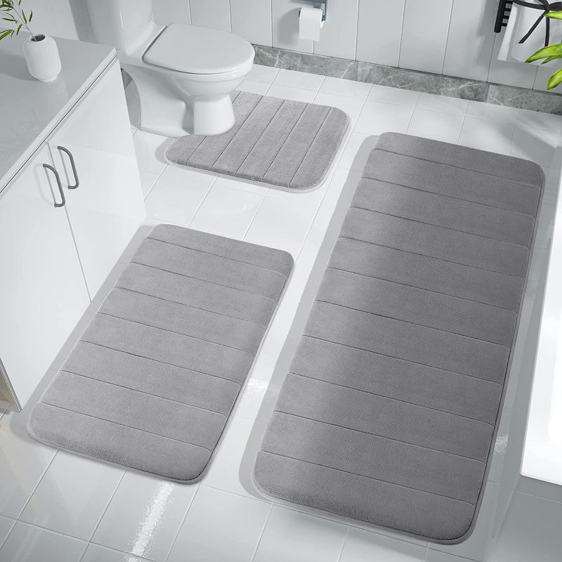 Photo 1 of  Yimobra Memory Foam Bath Mat Set, Bathroom Rugs for 3 Pieces, Toilet Mats, Soft Comfortable, Water Absorption, Non-Slip, Thick, Machine Washable, Easier to Dry for Floor Mats, Gray 