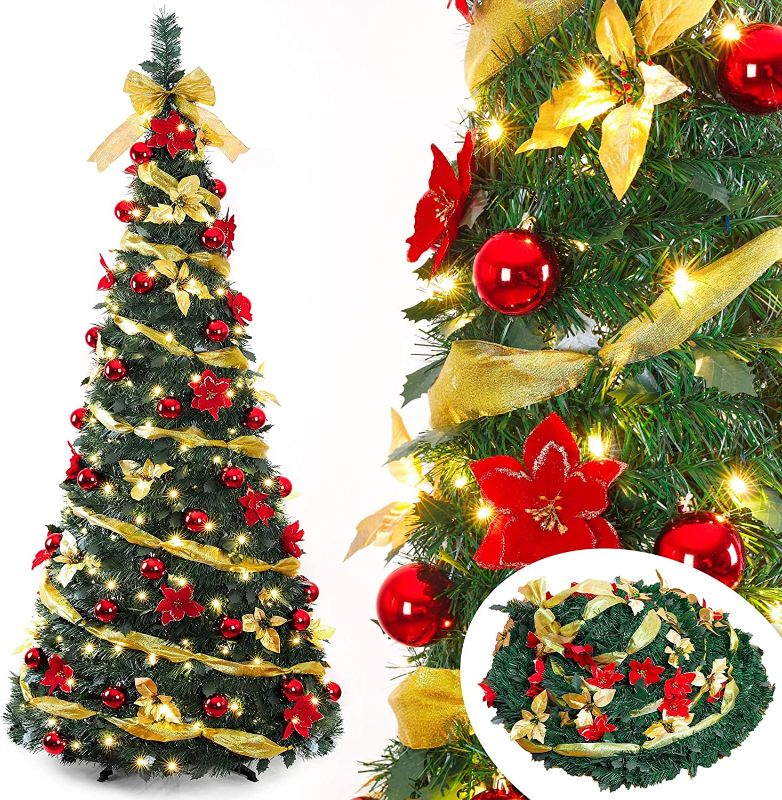 Photo 1 of  Decoway 6 Ft Pre Lit Pre Decorated Christmas Tree Pop Up Christmas Tree with Decorations and 200-LED Warm Lights, Red Gold 