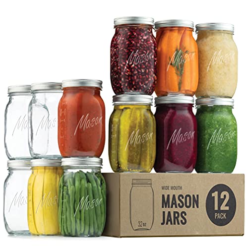 Photo 1 of  Paksh Novelty Mason Jars 32 Oz - 12-Pack Wide Mouth Glass Jars with Lid & Seal Bands - Airtight Container for Pickling, Canning, Candles, Home Decor, 