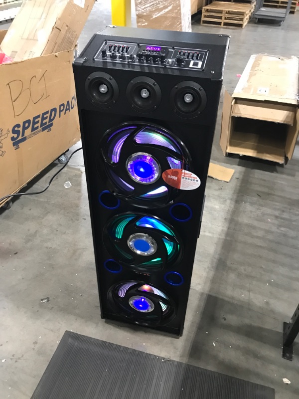 Photo 2 of QFX SBX-412300BT Triple 12” Woofer Triple 1” Tweeter Recording High-Performing PA Cabinet Speaker with TWS Bluetooth Connection, 10-Band Graphic EQ, 2 Microphone Inputs, Guitar Input, AUX Input | Blue Blue 3 speaker